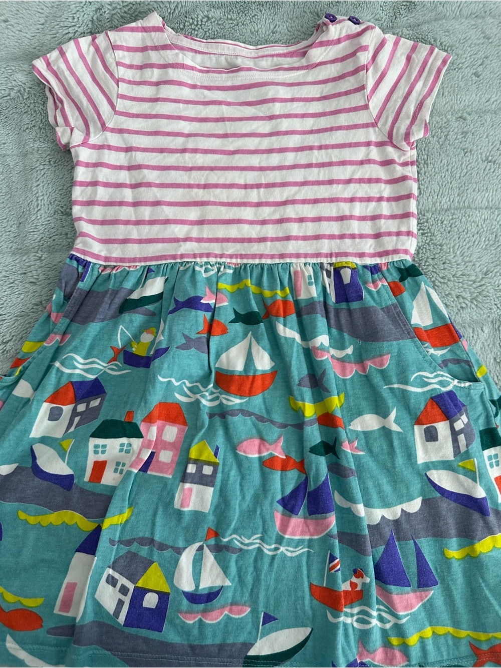 Mini Boden Pink Striped dress with Teal Nautical Print Skirt
